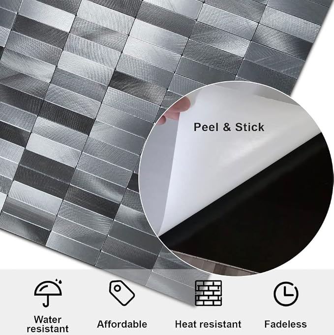 XUANINY Peel and Stick Tile Backsplash Self- Adhesive Wall Tiles Aluminum Mosaic Sticker for Kitchen (11.33"x11.92" Per Sheet, Pack of 5 pcs) (Long Silver Grey 5)