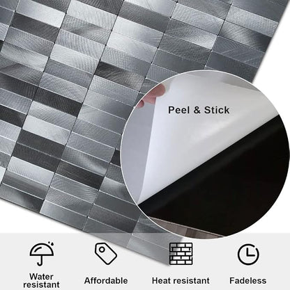 XUANINY Peel and Stick Tile Backsplash Self- Adhesive Wall Tiles Aluminum Mosaic Sticker for Kitchen (11.33"x11.92" Per Sheet, Pack of 5 pcs) (Long Silver Grey 5)