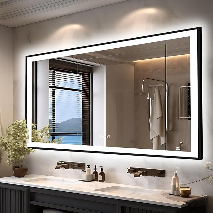 EchosLife 66x36 LED Lit Bathroom Mirror - Black Framed | Black Frame, Front and Backlit, Anti-Fog, Stepless Dimmable, 3 Colors, Memory, Tempered Glass, UL Listed, Horizontal/Vertical