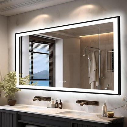 EchosLife 66x36 LED Lit Bathroom Mirror - Black Framed | Black Frame, Front and Backlit, Anti-Fog, Stepless Dimmable, 3 Colors, Memory, Tempered Glass, UL Listed, Horizontal/Vertical