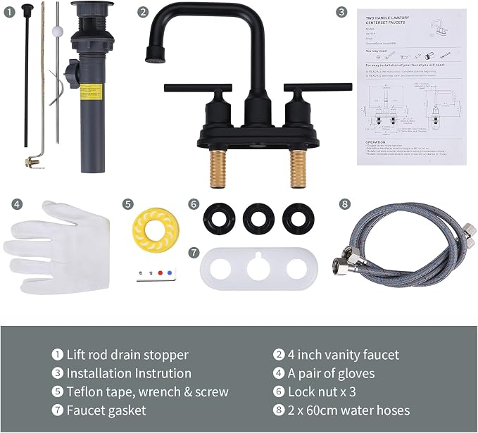 WOWOW Bathroom Faucet Black 4 inch Bathroom Sink Faucet Centerset Lift Rod Drain Stopper 2 Handle Lavatory Vanity Tap High Arc Modern