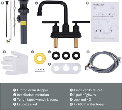 WOWOW Bathroom Faucet Black 4 inch Bathroom Sink Faucet Centerset Lift Rod Drain Stopper 2 Handle Lavatory Vanity Tap High Arc Modern