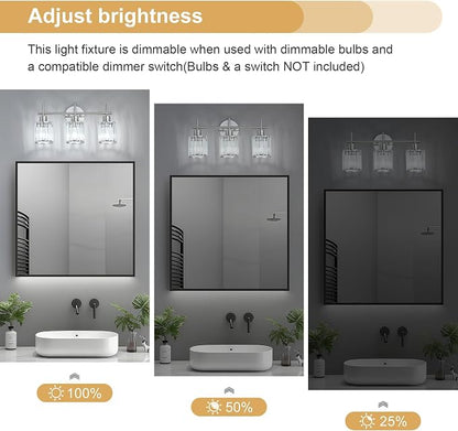 Brushed Nickel 3-Light Crystal Bathroom Vanity Light Fixtures, Round | Vanity Lights for Bathroom, Modern Bathroom Lighting Fixtures over Mirror (Bulbs Not Included, E26)
