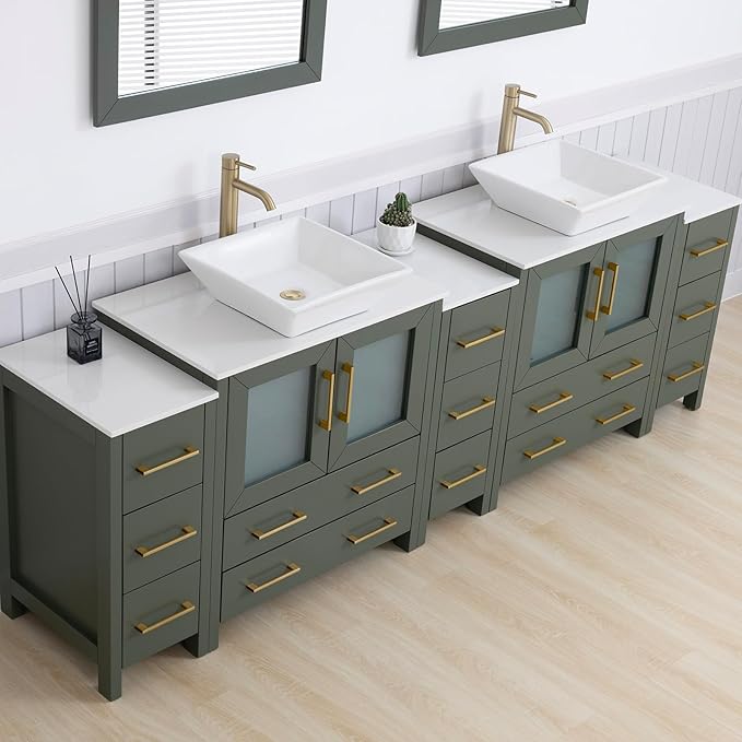 Vanity Art 96 Inch Vessel Double Sink Bathroom Vanity Cabinet with 2 Mirrors, Engineered Marble Top Bathroom Cabinet Compact Set with 13 Dovetail Drawers and Soft Closing Doors, VA3130-96VG