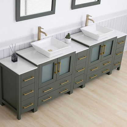 Vanity Art 96 Inch Vessel Double Sink Bathroom Vanity Cabinet with 2 Mirrors, Engineered Marble Top Bathroom Cabinet Compact Set with 13 Dovetail Drawers and Soft Closing Doors, VA3130-96VG