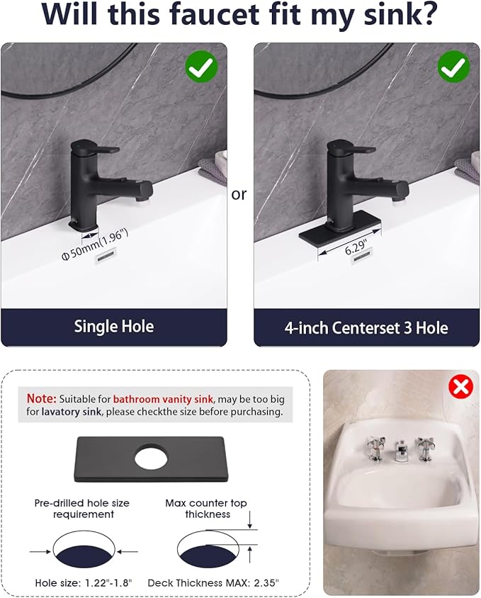 Pull Out Bathroom Faucet, Single Handle Bathroom Sink Faucet with Pull Out Sprayer, Bathroom Faucet for Sink, with Pop-up Drain & Deck Plate 1 or 4-inch Centerset 3 Hole, Matte Black