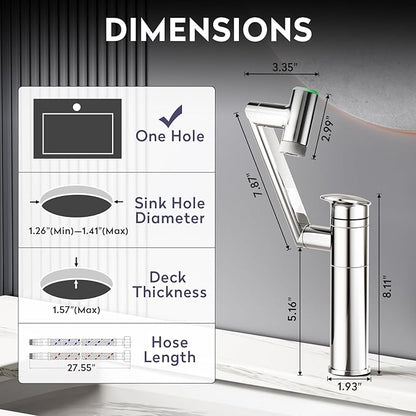 HOWUWEY 1080° Rotatable Single Hole Bathroom Vanity Faucet with Temperature Display, Height Adjustable Single Lever Bathroom Sink Faucet 1 Hole, LED Basin Faucet with Color Change (Chrome)