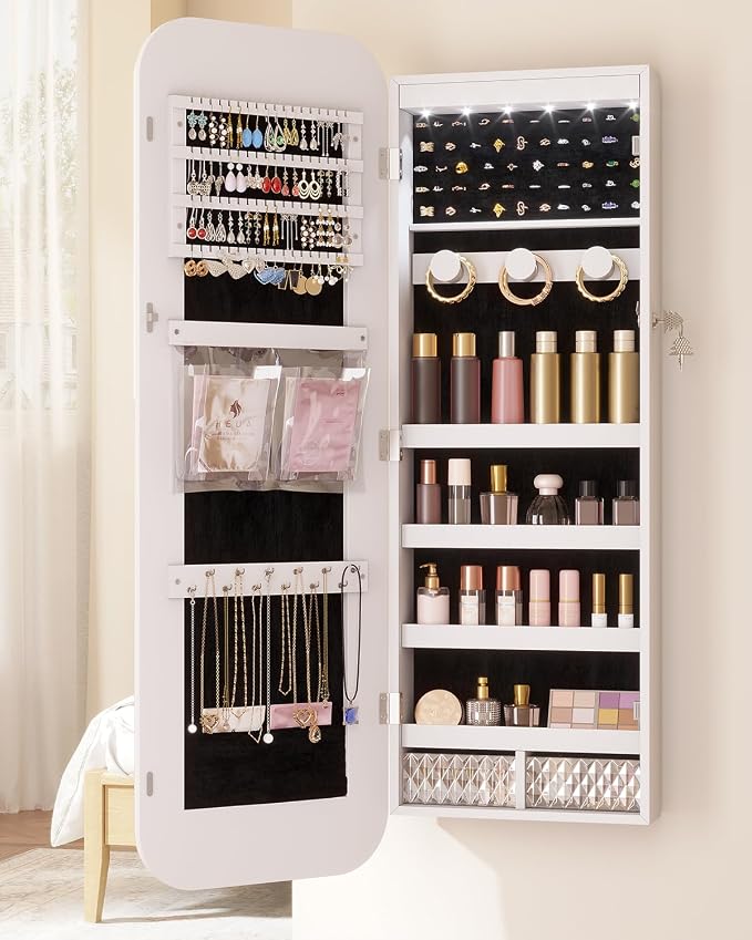 LVSOMT 6 LEDs Mirror Jewelry Cabinet Door Hanging, 42.5", Lockable, White | Jewelry Organizer with Full Length Mirror, Wall Mounted Large Jewelry Storage for Earrings, Rings, Necklaces