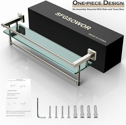 24-Inch Modern Wall-Mounted Bathroom Glass Shelf with 1 Shelf, Brushed Nickel, 1 Towel Bar, 45 lbs Weight Capacity