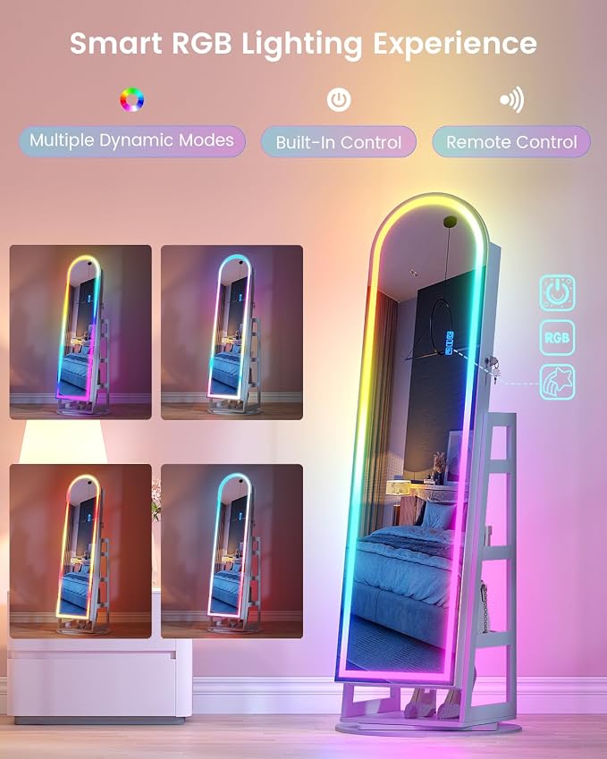 HWB Mirror Jewelry Cabinet Standing with RGB Lights & Storage Shelves | Mirror w/Storage, LED Full-length Mirror, Lockable Jewelry Armoire, 360° Swivel, Standing Jewelry Cabinet, Girls Women Gifts