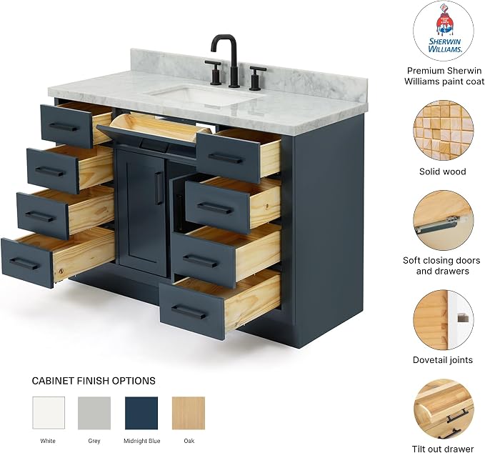 Isabella 48-Inch Bathroom Vanity with Sink — Midnight Blue Single Sink Bathroom Vanity, 1.5" Edge Italian Carrara Marble Top, Solid Wood, 2 Soft-Close Doors, 8 Dovetail Drawers + Tilt Drawer