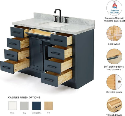 Isabella 48-Inch Bathroom Vanity with Sink — Midnight Blue Single Sink Bathroom Vanity, 1.5" Edge Italian Carrara Marble Top, Solid Wood, 2 Soft-Close Doors, 8 Dovetail Drawers + Tilt Drawer