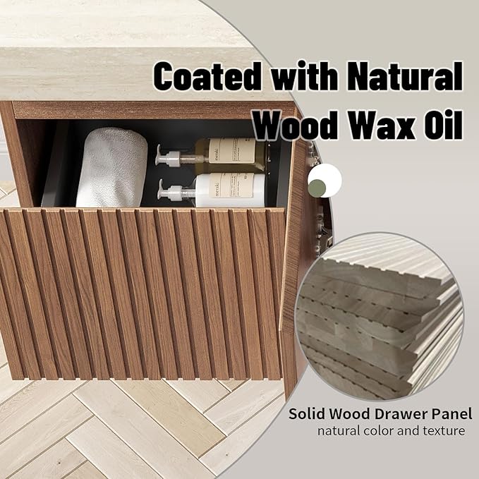 48 Inch Floating Bathroom Vanity with Sink, Wall-Mounted Bathroom Vanity with Drawer and 2 Doors, Roma Travertine-Pattern Countertop and Ceramic Basin, Pre-Assembled,Brown Oak