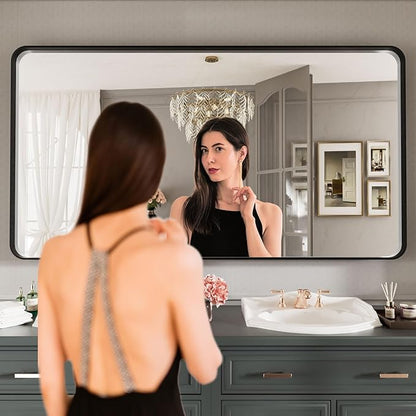 LOAAO Black Metal Framed Bathroom Mirror for Wall, Large 55X30 Inch Rounded Rectangle Mirror, Matte Black Bathroom Vanity Mirror Farmhouse, Anti-Rust, Tempered Glass, Hangs Horizontally or Vertically | Rounded Rectangle, Matte Black Bathroom Vanity Mir...