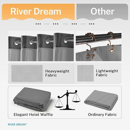 River Dream Heavyweight Waffle No Hook Shower Curtain with Liner,Gray,71x74 | Dotted Waffle,Snap-in Liner,Heavy Duty,Quick Dry,Mesh Top Window,With Bottom Magnets,Hotel-Grade,Washable,Standard Size