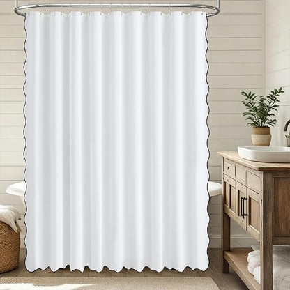 BTTN 108x72 Boho Scalloped Linen Textured Cloth Shower Curtain Set, White | Extra Wide Size, 230GSM Waterproof Polyester, Heavy Duty Fabric, 18 Plastic Hooks, Modern Farmhouse Style, Machine Washable