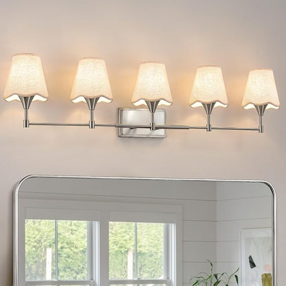 Brushed Nickel Bathroom Vanity Light: 5 Light Vanity Lighting Fixtures with Flared Fabric Shade, Modern Bathroom Lighting Fixtures over Mirror, Wall Sconce Lights for Bedroom Hallway Living Room