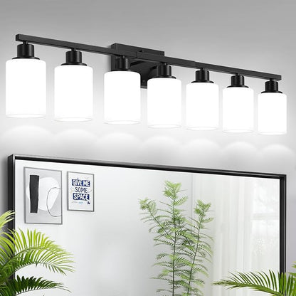 MOKATNG 7-Light Bathroom Light Fixtures, Vanity Light with Milky White Shades, Matte Black Bathroom Light Fixtures Over Mirror, Modern Bathroom Wall Lamp for Mirror Living Room Cabinet Bedroom