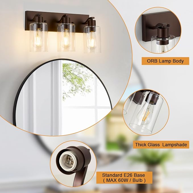 3 Lights Bathroom Light Fixtures Oil Rubbed Bronze Vanity Light with Clear Glass Shade 18in Modern Bathroom Lighting Fixtures Over Mirror for Bedroom/Living Room