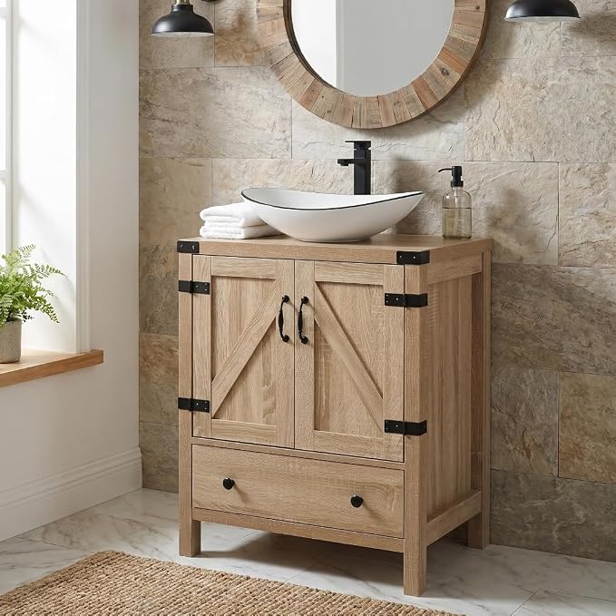 24 inch Natural Color Bathroom Vanity, Rustic Fixture Standing Pedestal Cabinet with White Ceramic Boat Sink with Black Trim