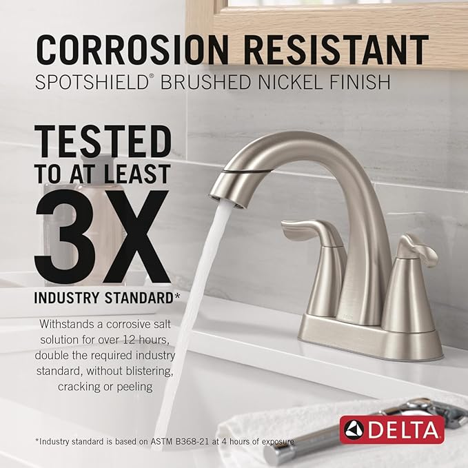 Delta Arvo Centerset Brushed Nickel Bathroom Faucet with Sprayer, 4 Inch 3 Hole Bathroom Sink Faucet with Pull Out Sprayer, Push-Pop Drain, SpotShield Brushed Nickel 25840LF-SPPD