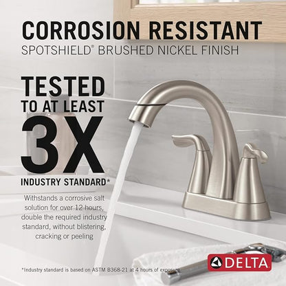 Delta Arvo Centerset Brushed Nickel Bathroom Faucet with Sprayer, 4 Inch 3 Hole Bathroom Sink Faucet with Pull Out Sprayer, Push-Pop Drain, SpotShield Brushed Nickel 25840LF-SPPD