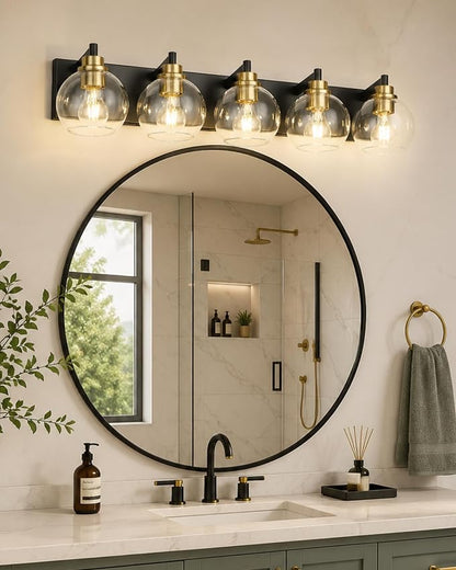 5-Light Black and Gold Bathroom Vanity Light, Clear Glass Globes | Ideal for 36-48" mirrors, 32" modern bathroom light fixtures over mirror, E26 base, bulbs not included, VL195-KG-5