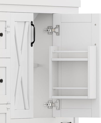 48" Bathroom Vanity with Sink, Freestanding Bathroom Cabinet | Ceramic Top & Backsplash, 7 Storage Drawers, X-Shaped Doors, Adjustable Shelving, Door Storage and Towel Bar, White