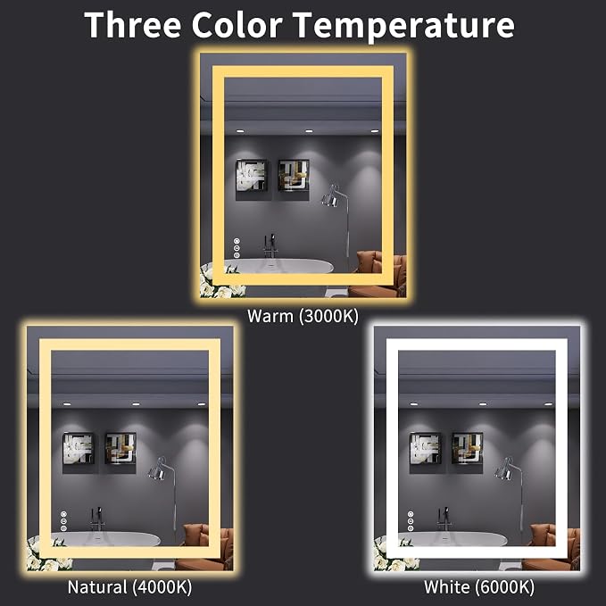 LOAAO 30X36 LED Bathroom Mirror with Lights, UL Listed | Anti-Fog, Dimmable, 3 Color Temperature, Backlit + Front Lit, Memory Function, Tempered Glass