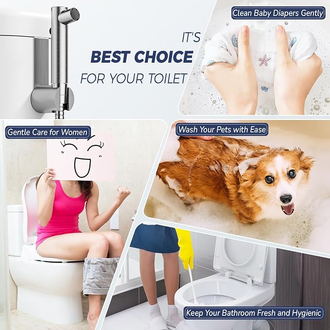 Stainless Steel Handheld Bidet Sprayer for Toilet, Stepless Water Pressure Control, Gentle Toilet Jet Spray with Leak-Proof Bidet Hose, Ideal for Feminine Hygiene, Cloth Diaper, Pet Cleaning