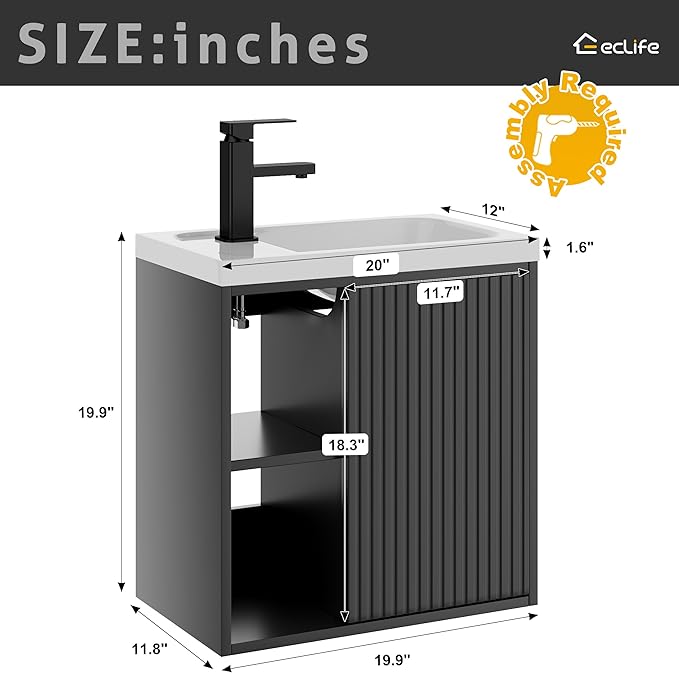 eclife 20" Floating Bathroom Vanity Sink Combo for Small Space, Wall-Mounted Guest Toilet Wash Basin Cabinet with Opening Shelf, Soft Closing Door, Black Painted