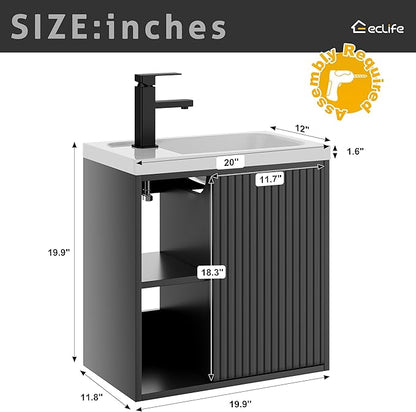eclife 20" Floating Bathroom Vanity Sink Combo for Small Space, Wall-Mounted Guest Toilet Wash Basin Cabinet with Opening Shelf, Soft Closing Door, Black Painted