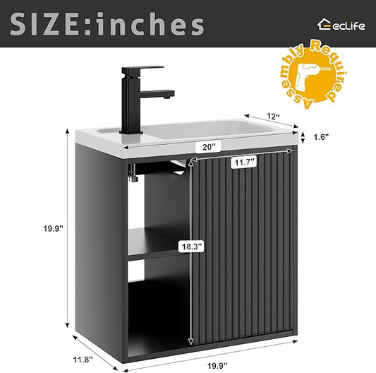 eclife 20" Floating Bathroom Vanity Sink Combo for Small Space, Wall-Mounted Guest Toilet Wash Basin Cabinet with Opening Shelf, Soft Closing Door, Black Painted
