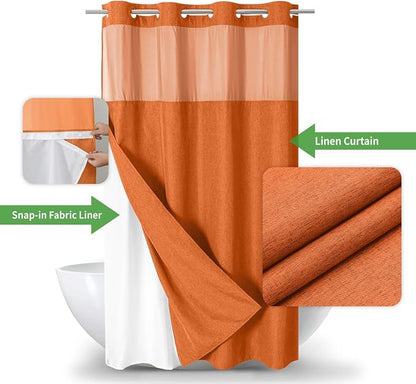 eachope No Hook Fabric Shower Curtain with Snap-in Liner,54x80 Burnt Orange | Linen Texture,230GSM Thick Fabric,Hotel Luxury Decor,Mesh Window,Waterproof & Machine Washable,for Shower Stall or Bathroom