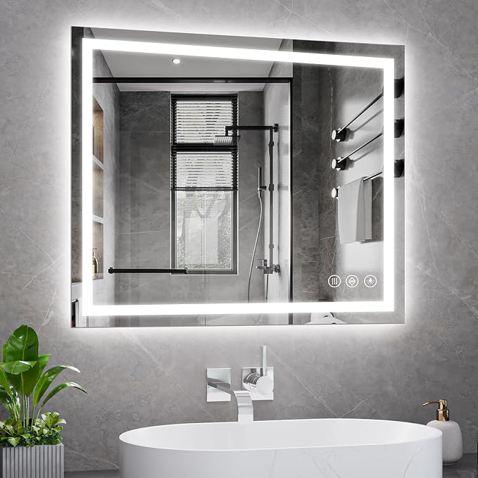 Koonmi 36x30 LED Bathroom Mirror with Light, Anti-Fog, 3 Colors | Backlit + Front Lit, Dimmable Brightness, Shatterproof HD Distortion-Free Tempered Glass, Hardware Included
