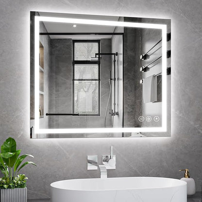 Koonmi 36x30 LED Bathroom Mirror with Light, Anti-Fog, 3 Colors | Backlit + Front Lit, Dimmable Brightness, Shatterproof HD Distortion-Free Tempered Glass, Hardware Included