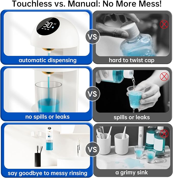 Upgraded Automatic Mouthwash Dispenser with 4 Dispensing Levels for Bathroom-GIMUBABA Smart Mouth Wash Dispenser Sets with 20.3 FL Oz Container,2 Cups & Wall Mount Accessories for Kids & Family,White