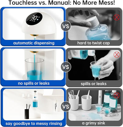 Upgraded Automatic Mouthwash Dispenser with 4 Dispensing Levels for Bathroom-GIMUBABA Smart Mouth Wash Dispenser Sets with 20.3 FL Oz Container,2 Cups & Wall Mount Accessories for Kids & Family,White