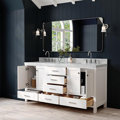 ARIEL Cambridge 72-inch Bathroom Vanity with Sink,Solid Wood, 2-inch Italian Carrara Marble Countertop, Double Rectangular Porcelain Sink, 4 Soft Closing Doors, 6 Dovetail Drawers, White