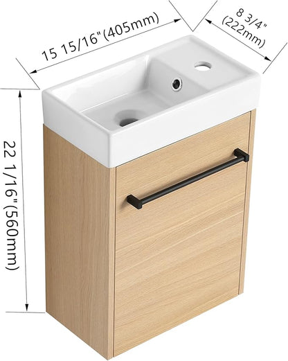 16" Bathroom Vanity with Sink, 16 Inch Floating Bathroom Vanity for Small Space, Single Sink Bathroom Vanity Combo, Modern Bathroom Vanity, Brown Wall Mounted Cabinet Set