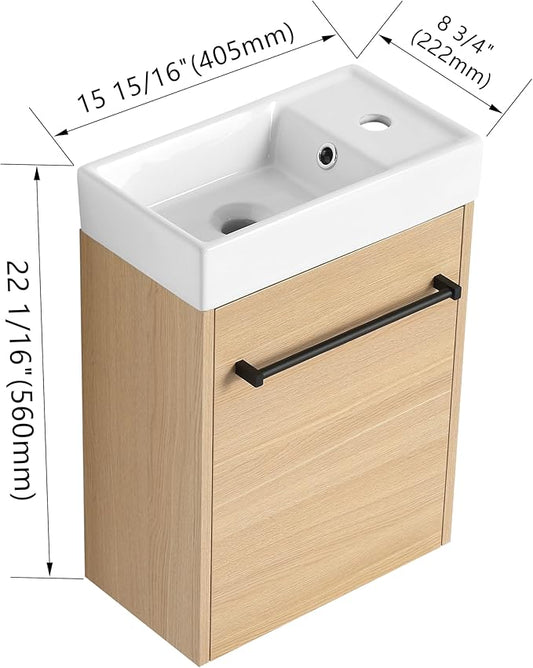 16" Bathroom Vanity with Sink, 16 Inch Floating Bathroom Vanity for Small Space, Single Sink Bathroom Vanity Combo, Modern Bathroom Vanity, Brown Wall Mounted Cabinet Set