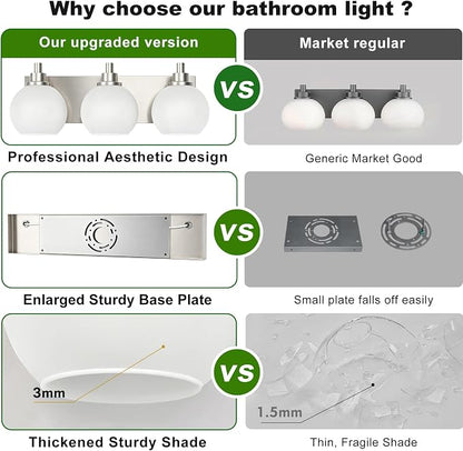 IZORRO Bathroom Light Fixtures, 3-Light Brushed Nickel Vanity Light, Modern Wall Sconces with Globe Milk White Glass Shade, Vanity Lighting Fixtures Over Mirror,E26 Bulb Socket
