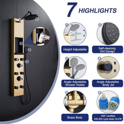 ROVATE Shower Panel Tower with Shelf & Adjustable Shower Arm, Brushed Gold | Stainless Steel Shower Column with 6 Adjustable Body Jets, Self-Cleaning Rainfall Shower Head & Flexible Handheld, Wall Mount