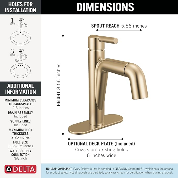 Delta Nicoli 1 Hole Brushed Gold Bathroom Faucet with Sprayer, Single Hole Bathroom Sink Faucet with Pull Out Sprayer for Vanity, Push-Pop Drain, Champagne Bronze 15849LF-CZPD