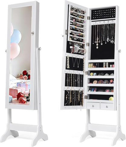 NAFORT Standing Mirrored Jewelry Box, Jewelry Armoire Storage Organizer Large Capacity, Wooden Mirror Jewelry Cabinet, 4 Angle Adjustable Full-length Storage mirror with 2 Drawers, White