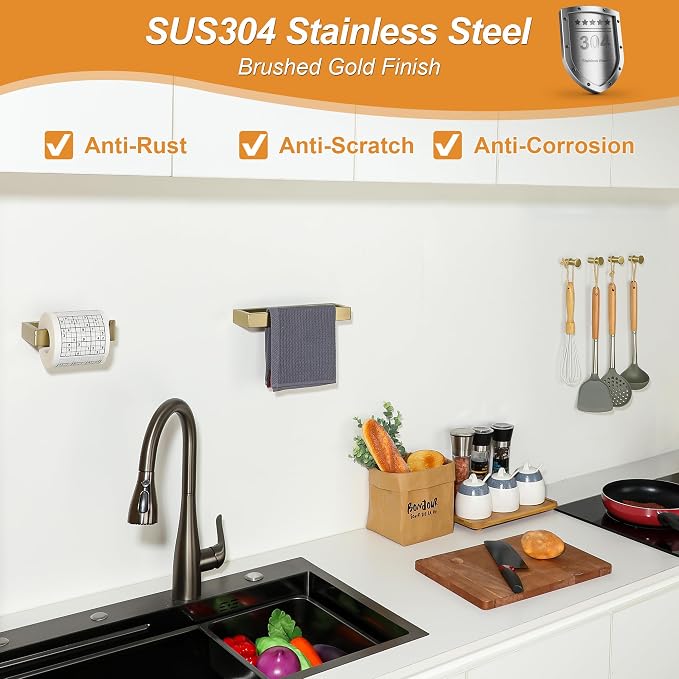 SAYAYO 6-Piece Bathroom Hardware Set Gold, Includes 10 Inch Towel Bar | Toilet Paper Holder & 4Pcs Coat Hooks Wall Mount, Towel Racks for Bathroom Accessories Set SUS304 Stainless Steel