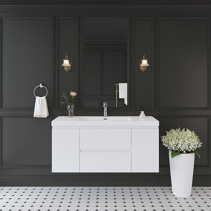 Floating Bathroom Vanity with Sink, 48" Wall-Mounted Bathroom Storage Vanity Cabinet with Resin Top Basin and Soft Close Drawers, No Assembly Required, Glossy White
