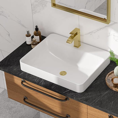 Rectangular Bathroom Vessel Sink, 24"W x 19"D Semi Recessed Bathroom Sink White Ceramic Porcelain Vanity Sink Basin Above Counter for Bathroom, Restroom & Home Use
