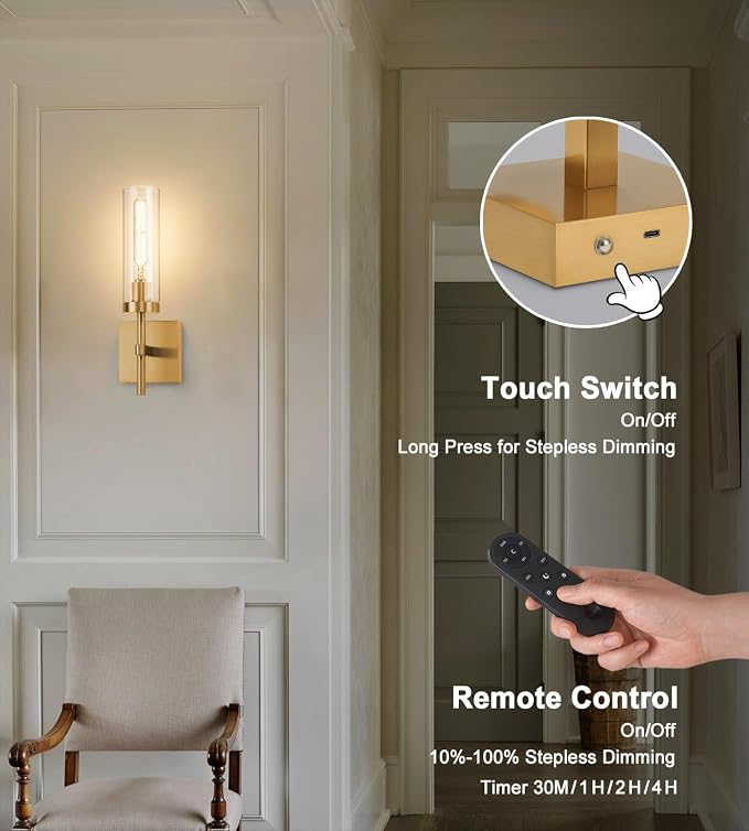 Gold Battery Operated Wall Sconce Set of 2, Wireless Wall Sconces with Remote Control, Rechargeable LED Dimmable Wall Light for Bedroom Bathroom Hallway Living room Entryway Stairwell, 3000K