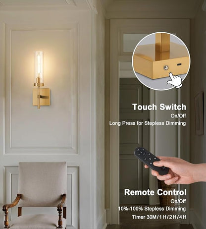 Gold Battery Operated Wall Sconce Set of 2, Wireless Wall Sconces with Remote Control, Rechargeable LED Dimmable Wall Light for Bedroom Bathroom Hallway Living room Entryway Stairwell, 3000K